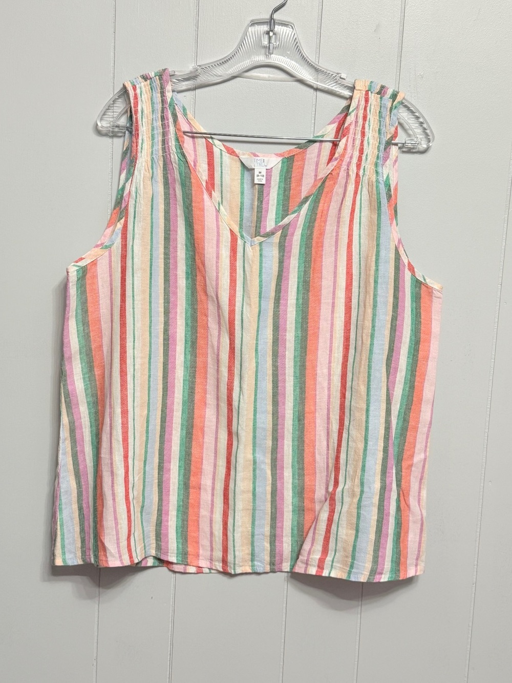 #19)  Linen Blend Multi-Color Striped V-Neck Sleeveless Top